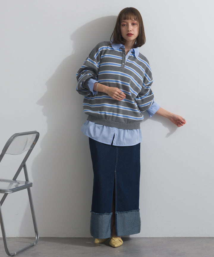 【SET】シャツドッキングニットプルオーバー+ロールアップデザインデニムスカート(2set)