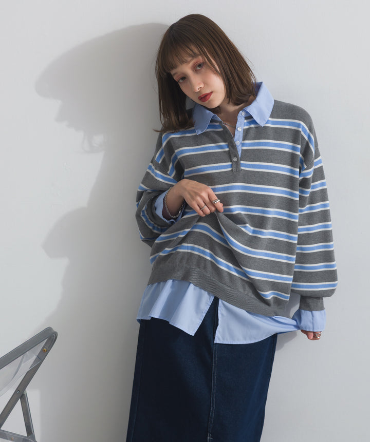 【SET】シャツドッキングニットプルオーバー+ロールアップデザインデニムスカート(2set)