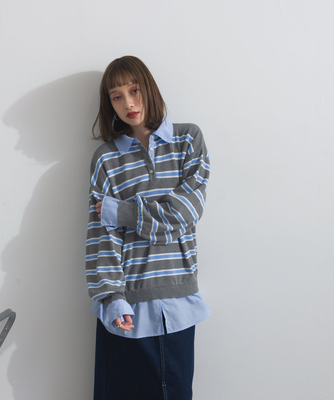 【SET】シャツドッキングニットプルオーバー+ロールアップデザインデニムスカート(2set)