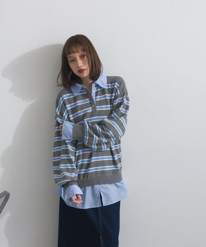 【SET】シャツドッキングニットプルオーバー+ロールアップデザインデニムスカート(2set)