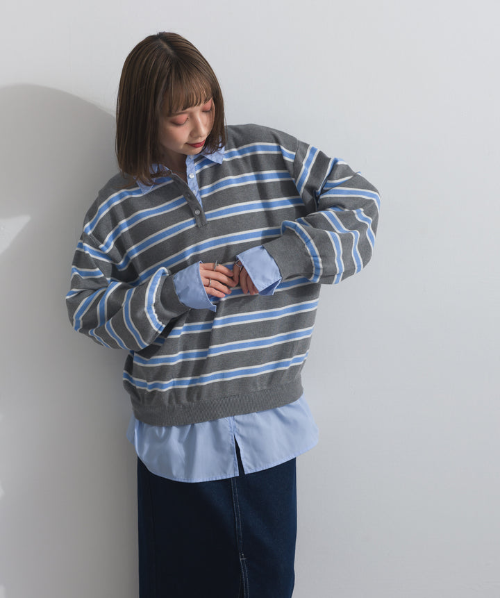 【SET】シャツドッキングニットプルオーバー+ロールアップデザインデニムスカート(2set)