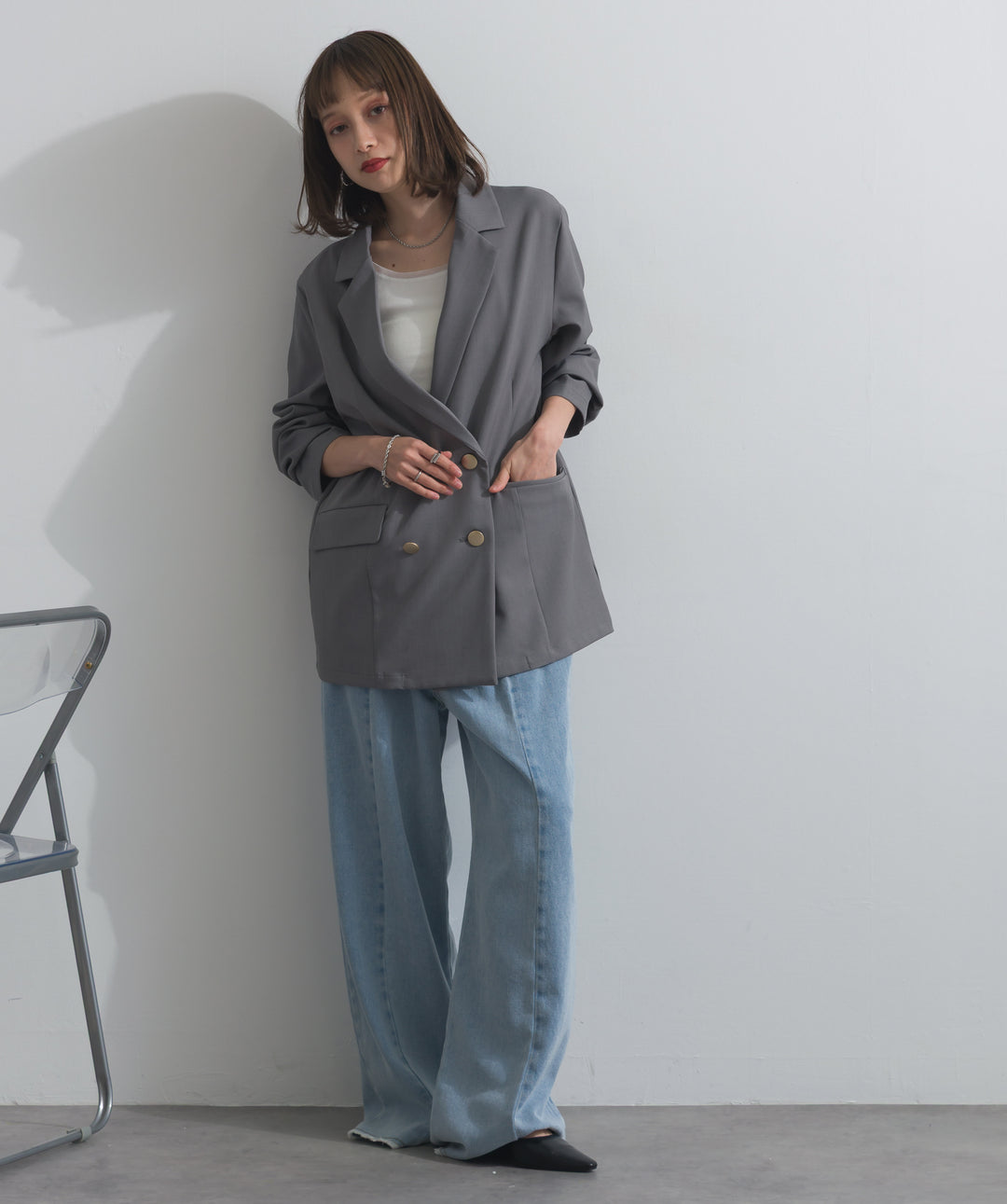 【SET】ダブルテーラードジャケット+ツートーンバイカラーデニムパンツ(2set)