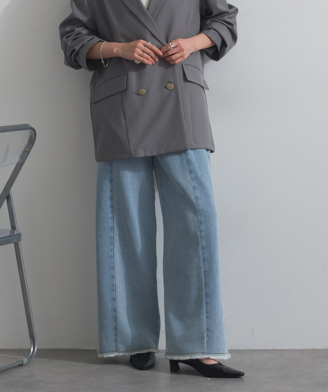 【SET】ダブルテーラードジャケット+ツートーンバイカラーデニムパンツ(2set)