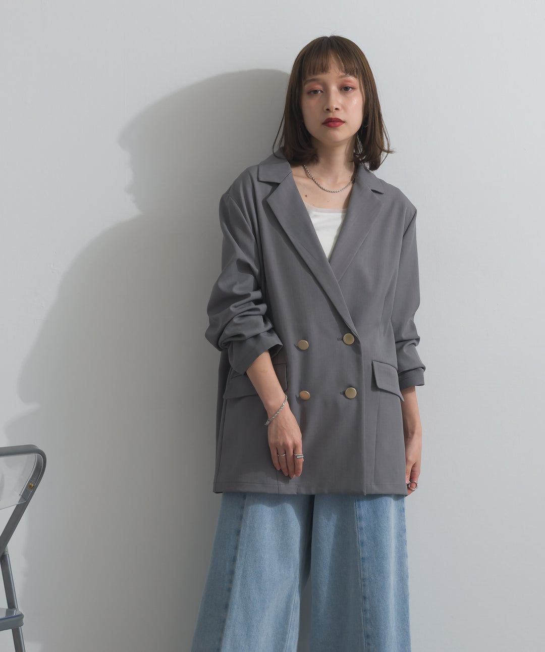 【SET】ダブルテーラードジャケット+ツートーンバイカラーデニムパンツ(2set)