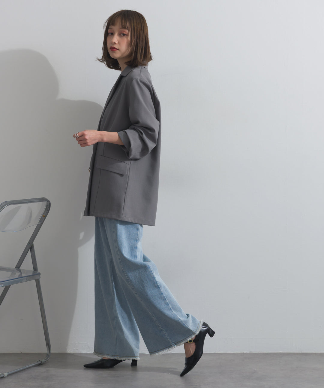 【SET】ダブルテーラードジャケット+ツートーンバイカラーデニムパンツ(2set)