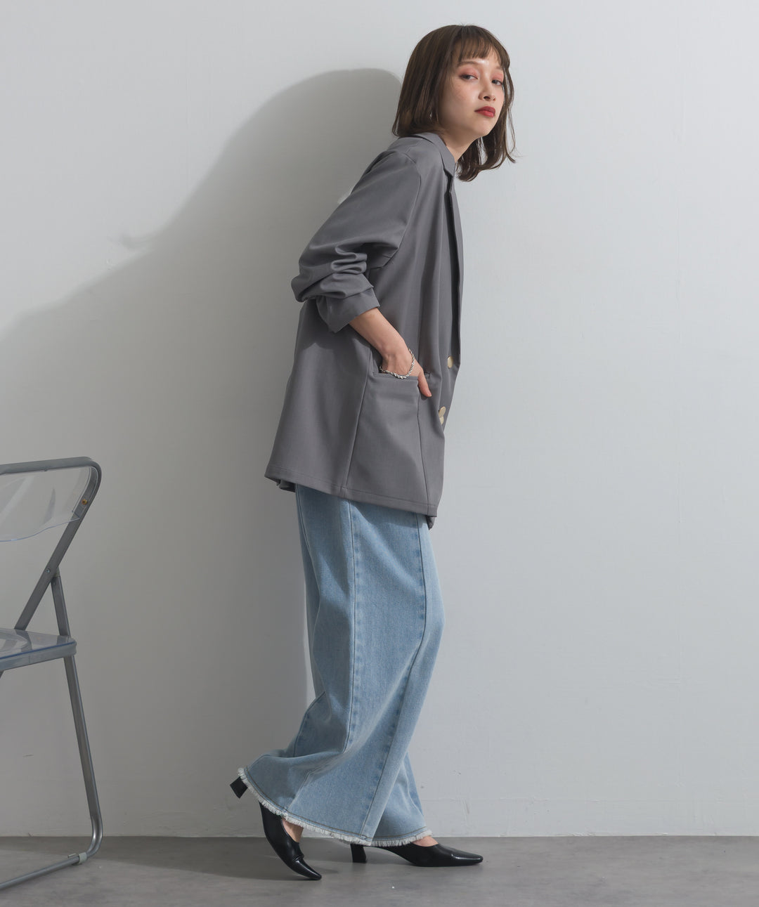 【SET】ダブルテーラードジャケット+ツートーンバイカラーデニムパンツ(2set)