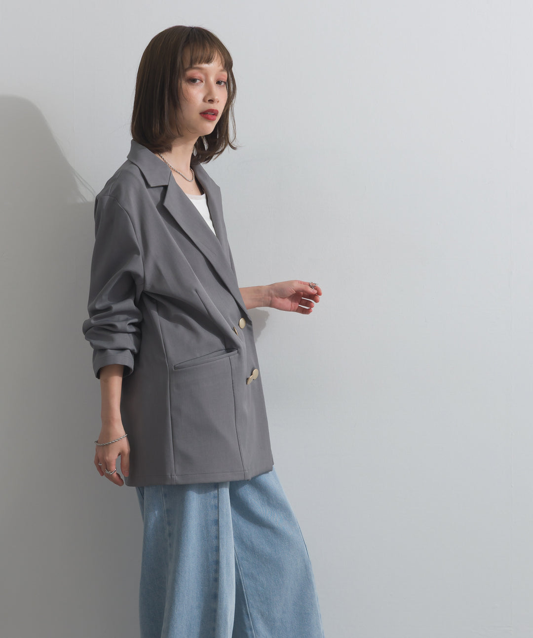 【SET】ダブルテーラードジャケット+ツートーンバイカラーデニムパンツ(2set)