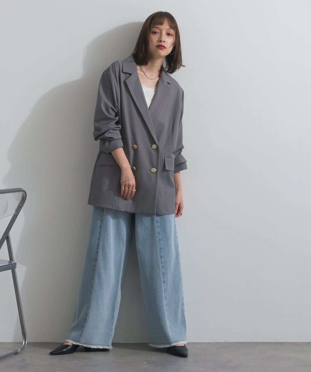 【SET】ダブルテーラードジャケット+ツートーンバイカラーデニムパンツ(2set)