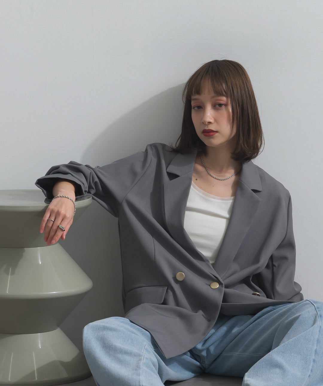 【SET】ダブルテーラードジャケット+ツートーンバイカラーデニムパンツ(2set)