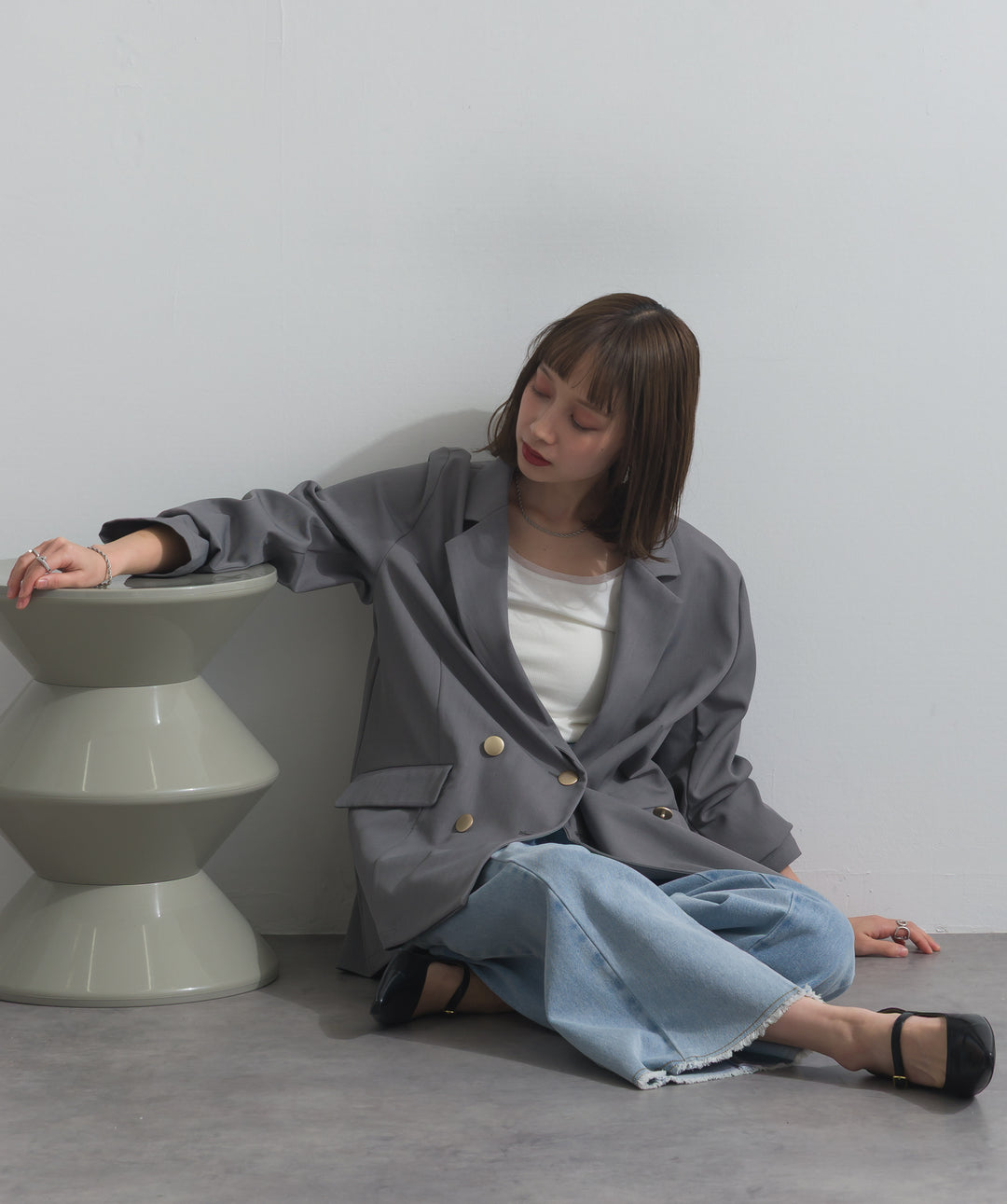 【SET】ダブルテーラードジャケット+ツートーンバイカラーデニムパンツ(2set)