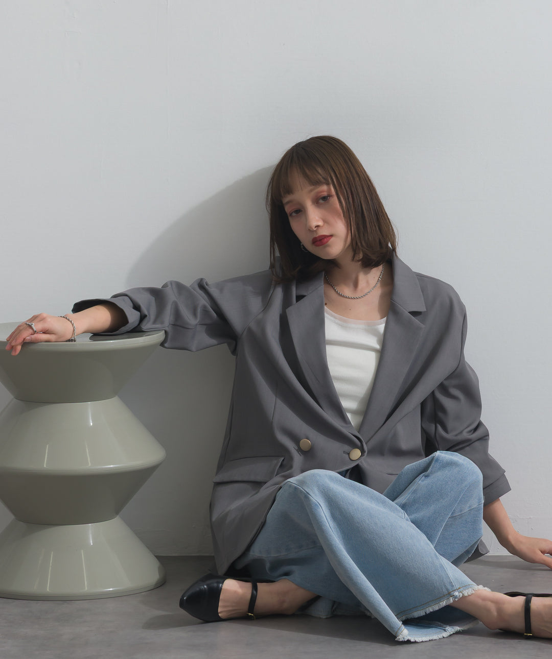 【SET】ダブルテーラードジャケット+ツートーンバイカラーデニムパンツ(2set)