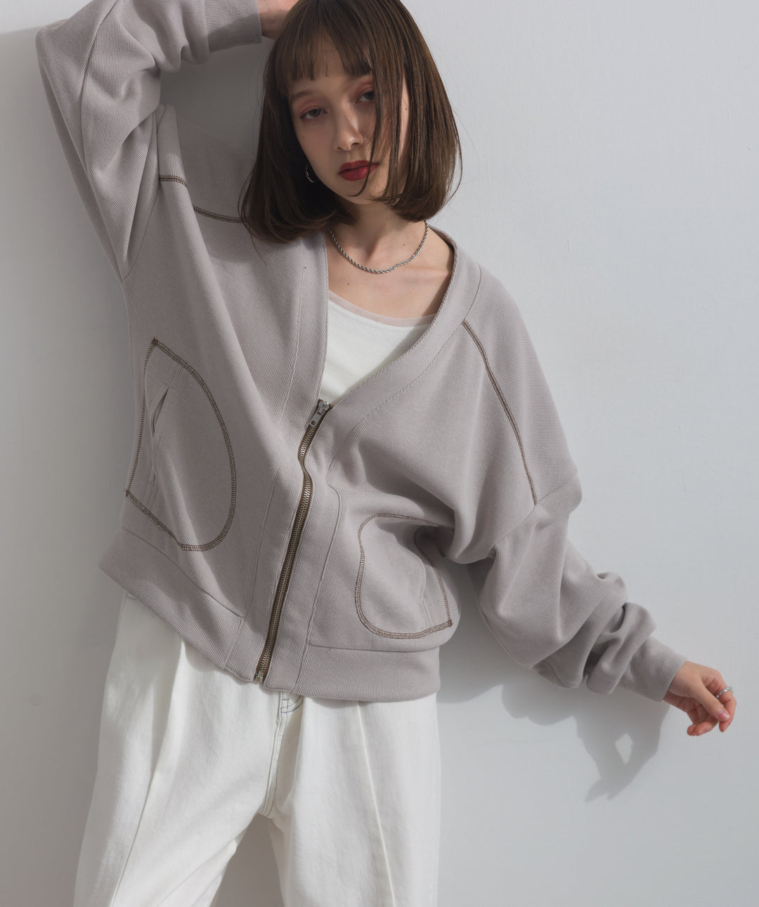 アクセントステッチZIPカーディガン