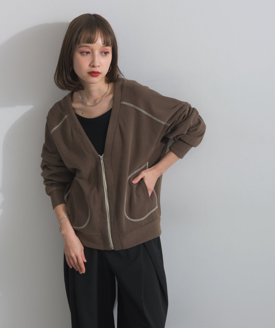 アクセントステッチZIPカーディガン