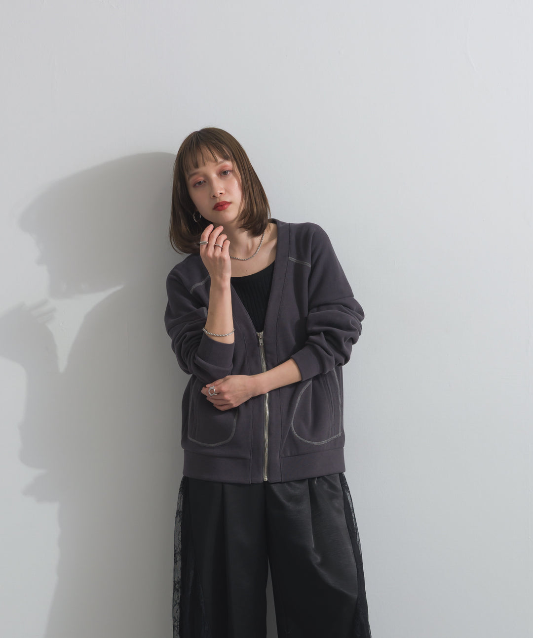 アクセントステッチZIPカーディガン