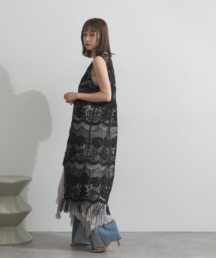【SET】シアーシャーリングレイヤードキャミワンピース+フラワーデザインレースロングジレ+サイドスウェットドッキングデニム(3set)