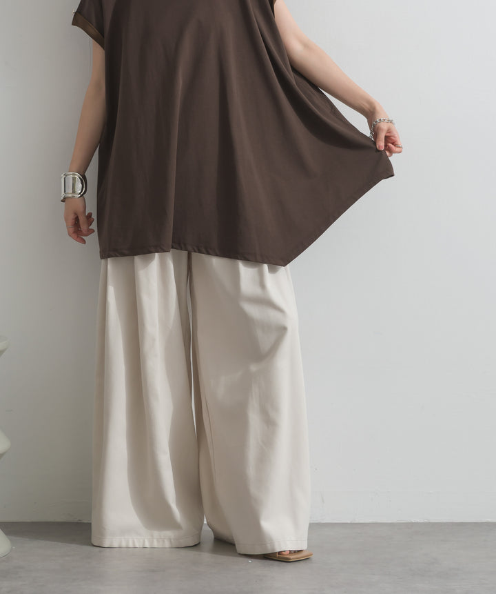 【SET】サテン部分使いアシメチュニックTシャツ+タックワイドパンツ(2set)