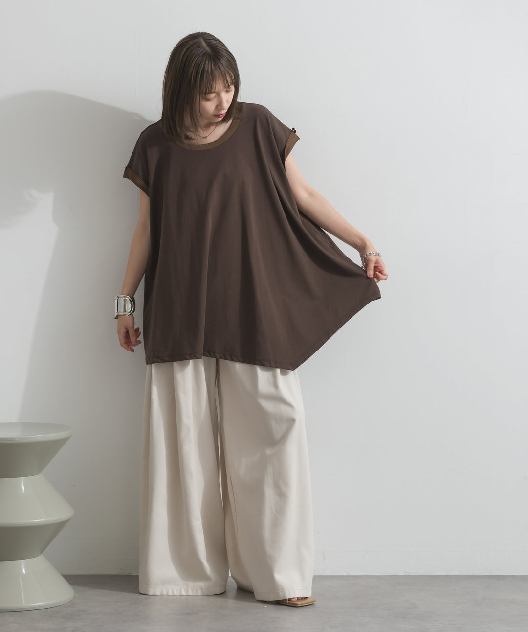 【SET】サテン部分使いアシメチュニックTシャツ+タックワイドパンツ(2set)