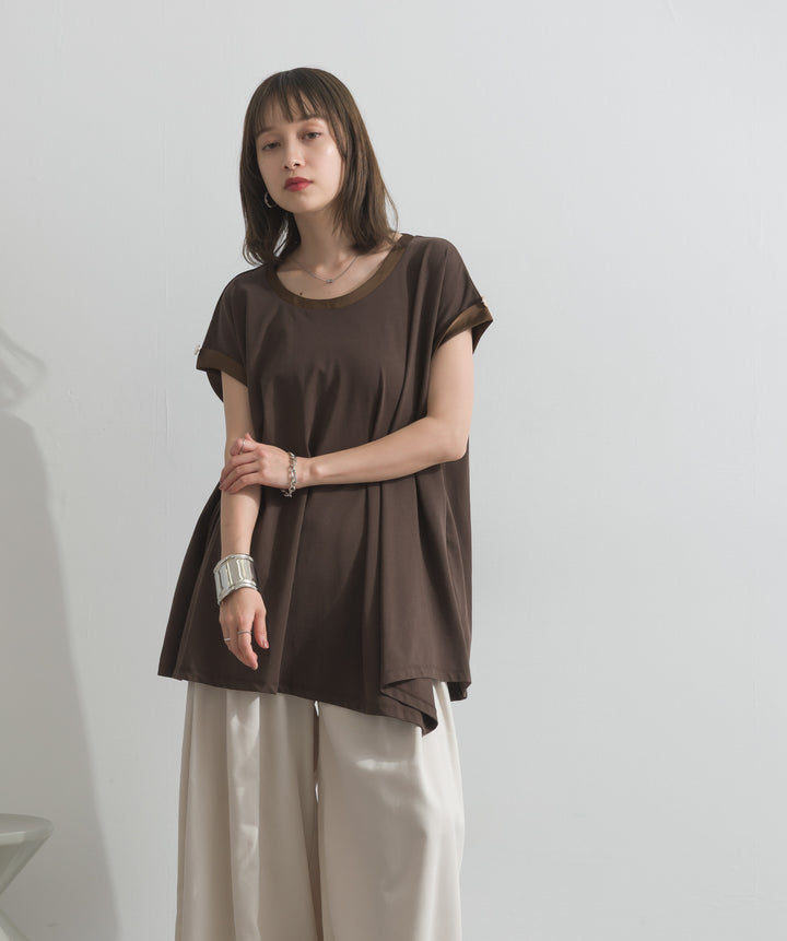 【SET】サテン部分使いアシメチュニックTシャツ+タックワイドパンツ(2set)