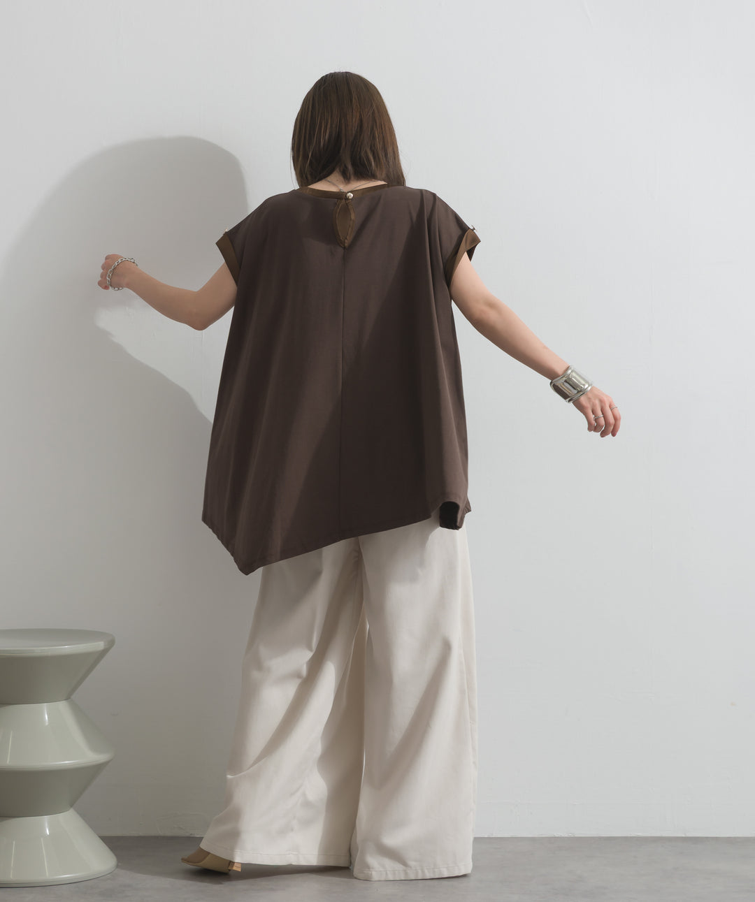 【SET】サテン部分使いアシメチュニックTシャツ+タックワイドパンツ(2set)