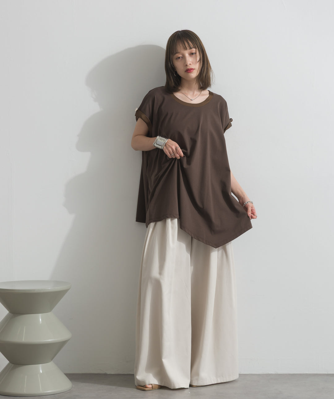 サテン部分使いアシメチュニックTシャツ