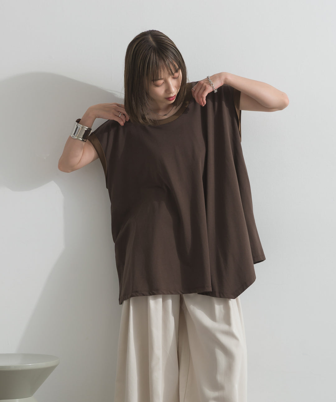 サテン部分使いアシメチュニックTシャツ
