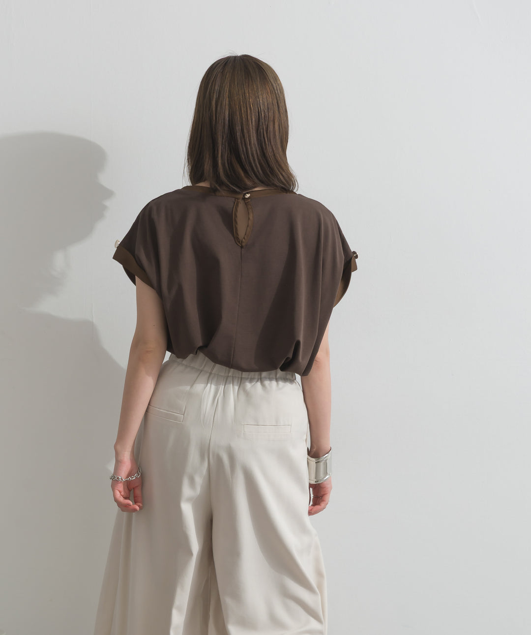【SET】サテン部分使いアシメチュニックTシャツ+タックワイドパンツ(2set)