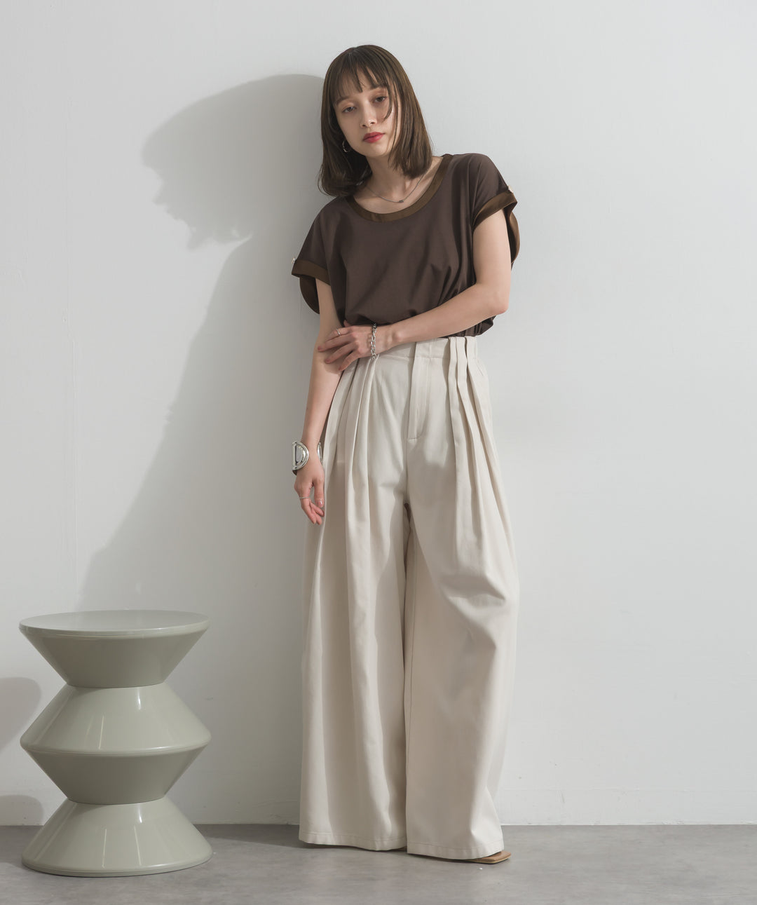 サテン部分使いアシメチュニックTシャツ