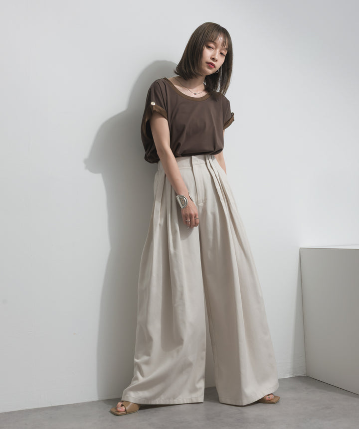 【SET】サテン部分使いアシメチュニックTシャツ+タックワイドパンツ(2set)