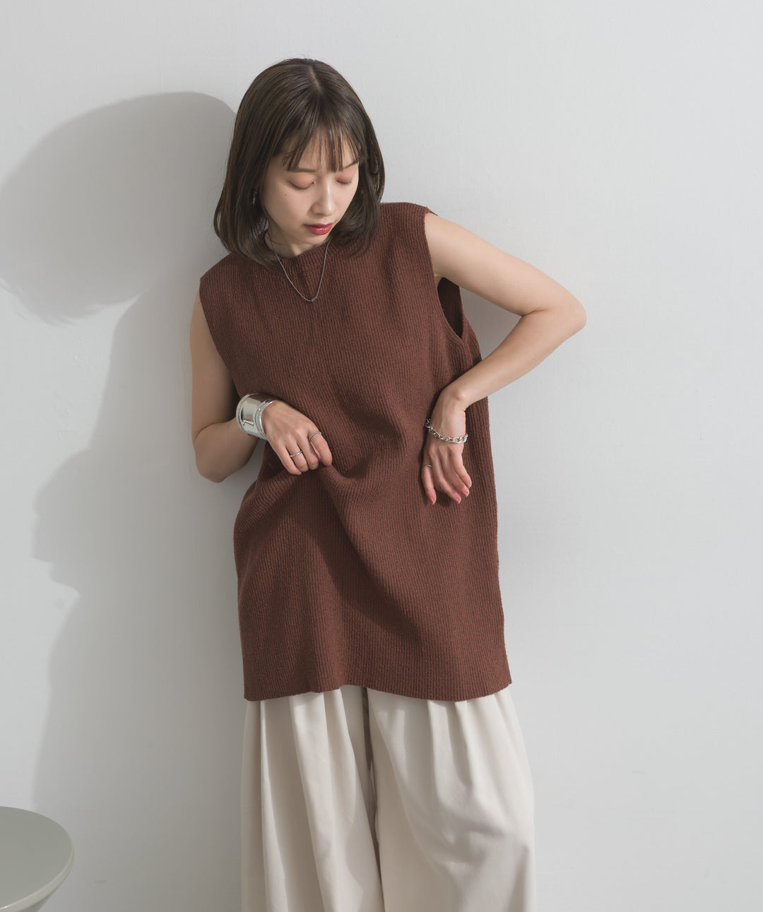 【SET】リブニットバックスリットタンク+タックワイドパンツ(2set)