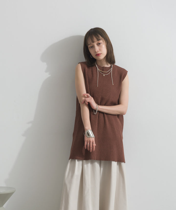 【SET】リブニットバックスリットタンク+タックワイドパンツ(2set)