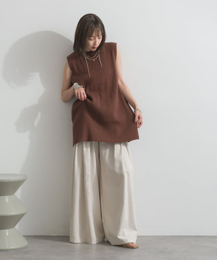 【SET】リブニットバックスリットタンク+タックワイドパンツ(2set)