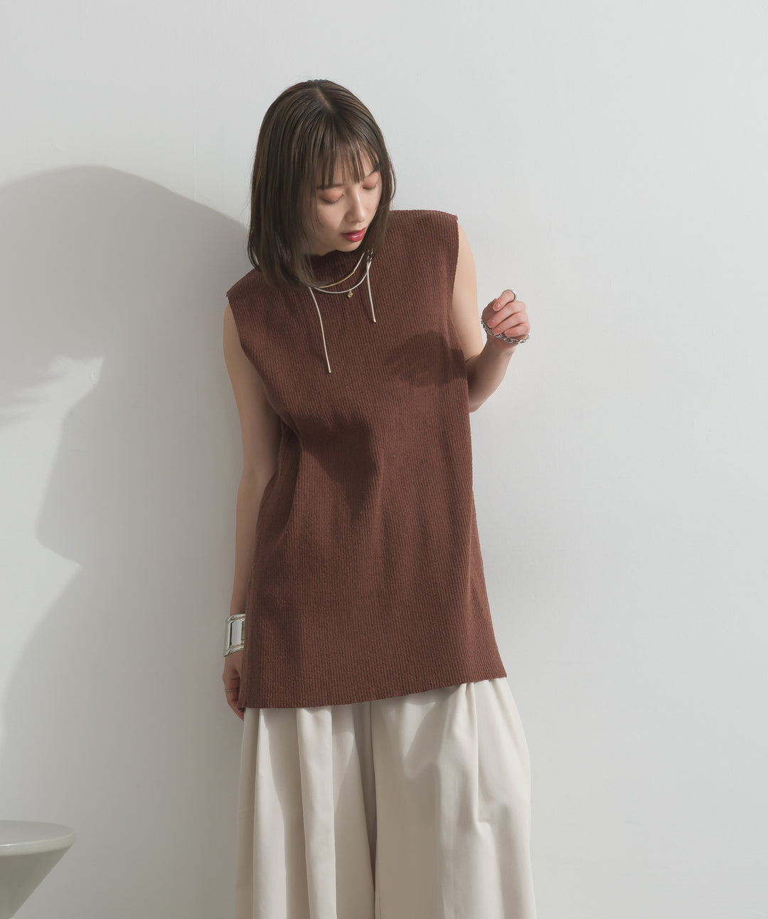 【SET】リブニットバックスリットタンク+タックワイドパンツ(2set)