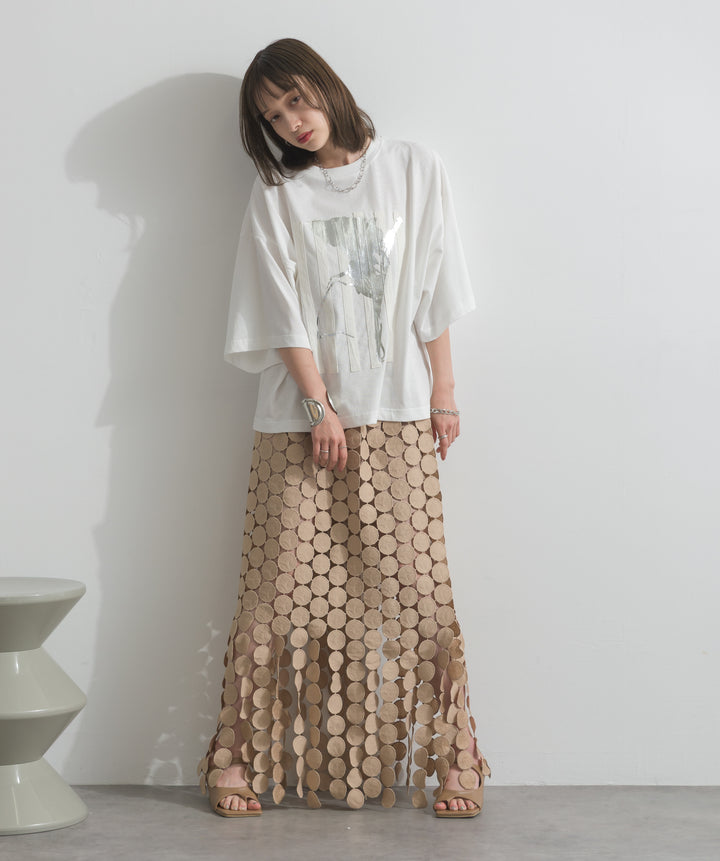 【SET】ニュアンス箔プリントTシャツ+サークルモチーフシアーロングスカート(2set)