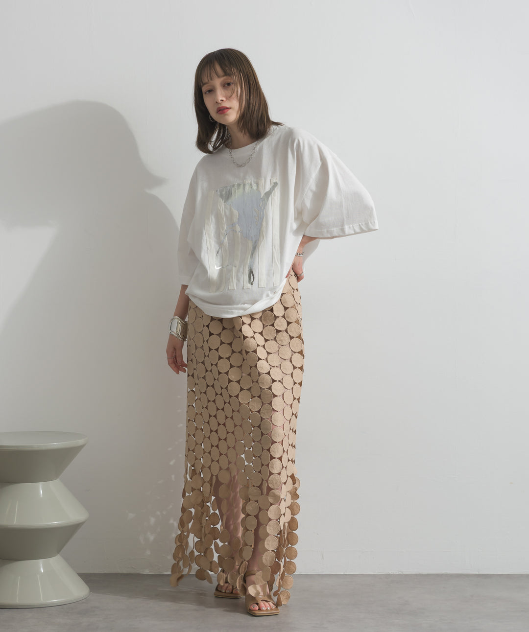 【SET】ニュアンス箔プリントTシャツ+サークルモチーフシアーロングスカート(2set)