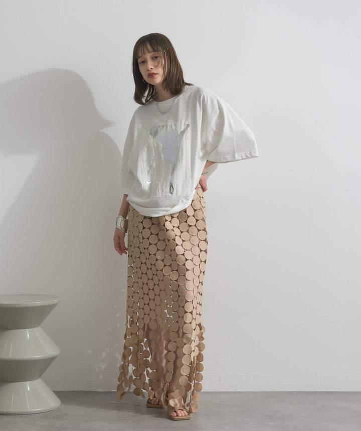 【SET】ニュアンス箔プリントTシャツ+サークルモチーフシアーロングスカート(2set)