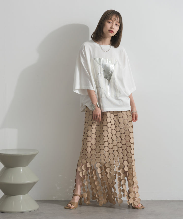 【SET】ニュアンス箔プリントTシャツ+サークルモチーフシアーロングスカート(2set)