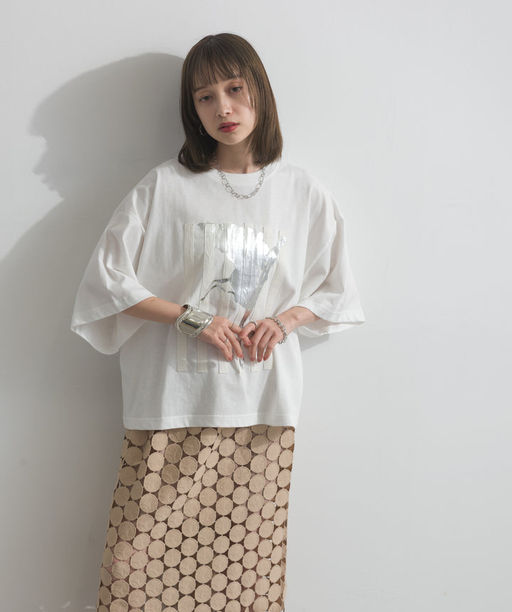 【SET】ニュアンス箔プリントTシャツ+サークルモチーフシアーロングスカート(2set)