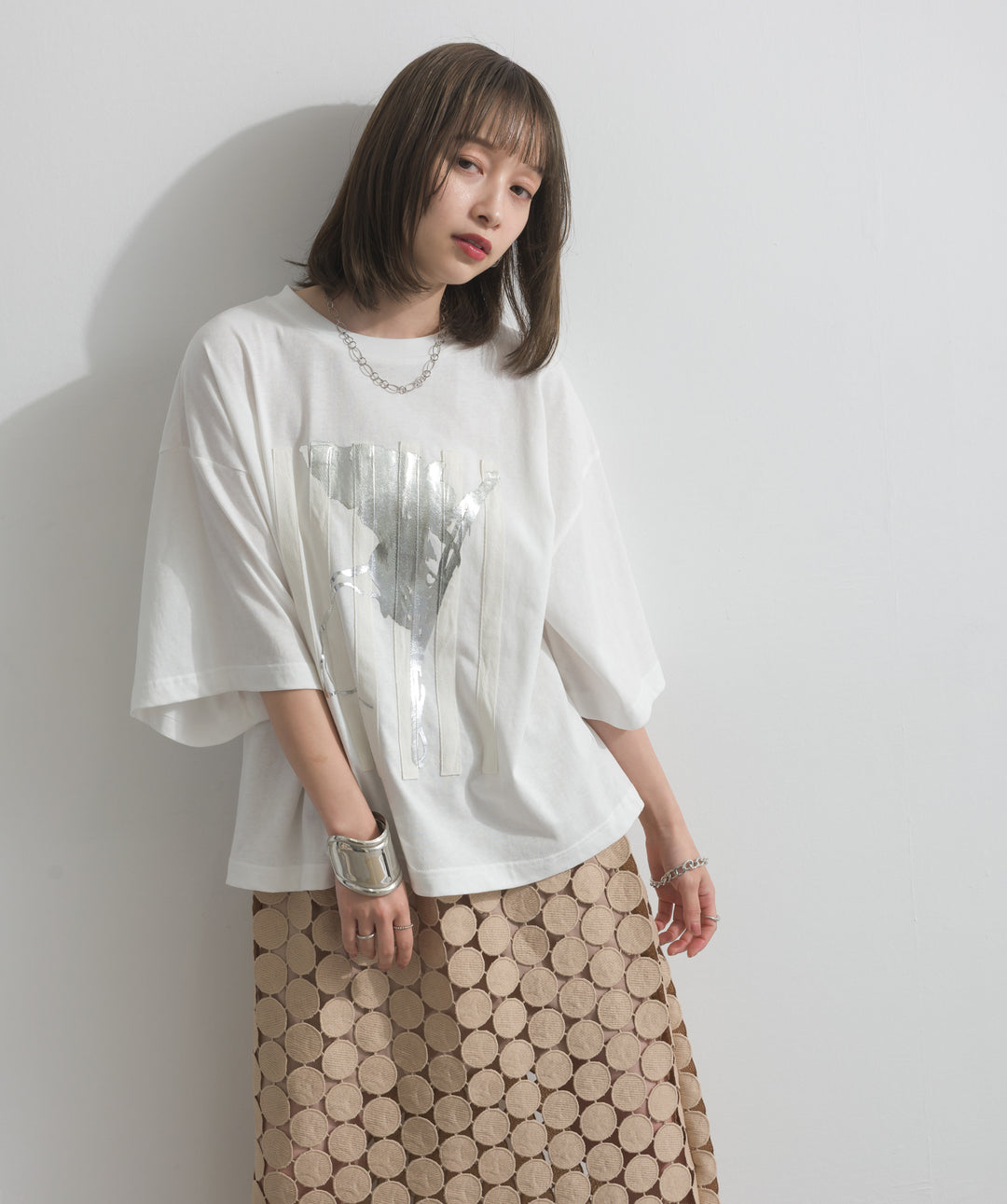 【SET】ニュアンス箔プリントTシャツ+サークルモチーフシアーロングスカート(2set)