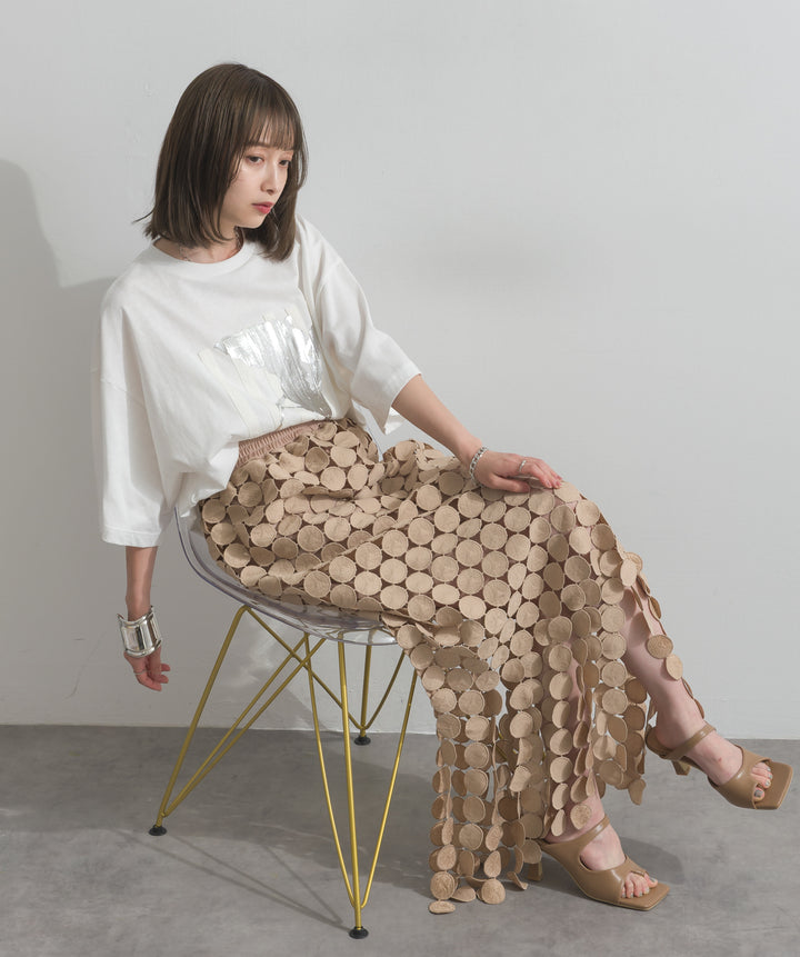 【SET】ニュアンス箔プリントTシャツ+サークルモチーフシアーロングスカート(2set)