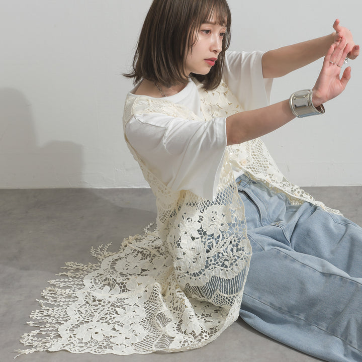 【SET】ニュアンス箔プリントTシャツ+フラワーデザインレースロングジレ+ツートーンバイカラーデニムパンツ(3set)
