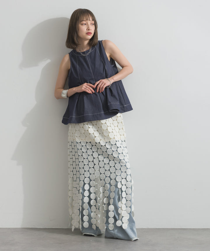【SET】フロントタックフレアノースリーブトップス+サークルモチーフシアーロングスカート+ツートーンバイカラーデニムパンツ(3set)