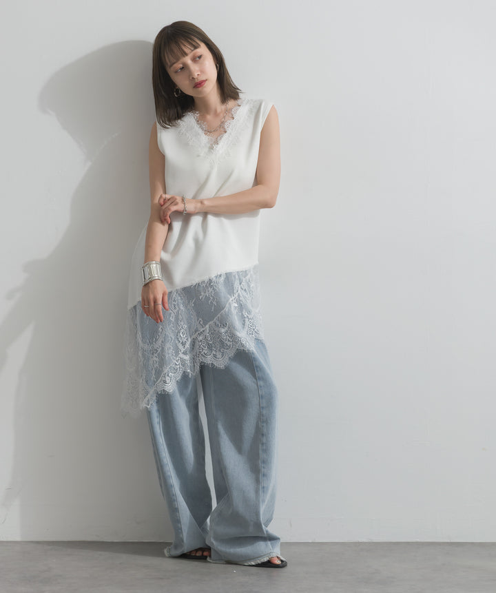 レースヘムレイヤードノースリーブトップス