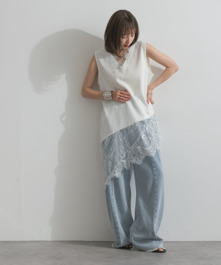 レースヘムレイヤードノースリーブトップス