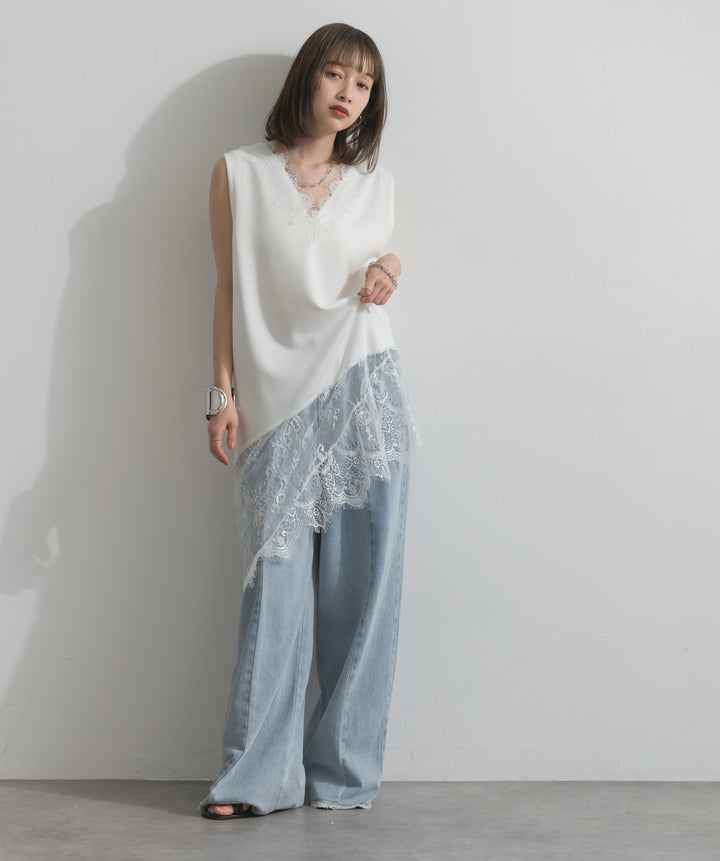 レースヘムレイヤードノースリーブトップス