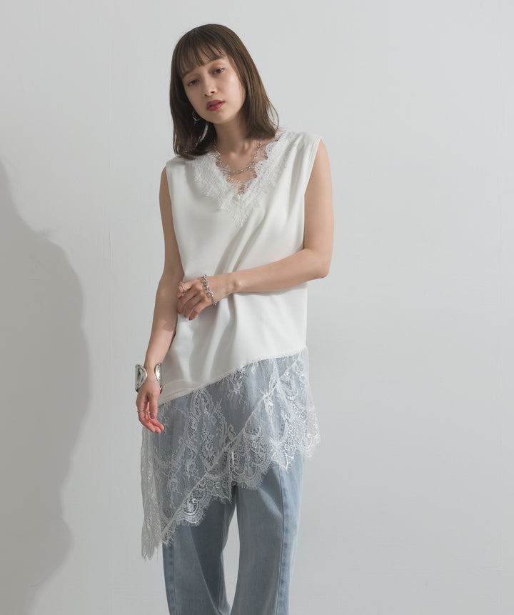 レースヘムレイヤードノースリーブトップス