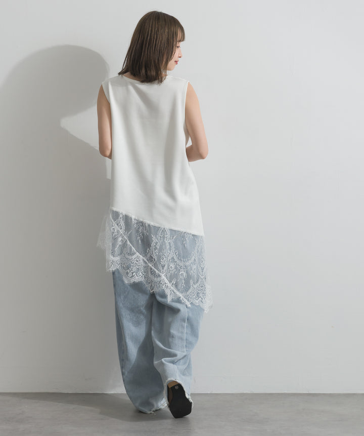 レースヘムレイヤードノースリーブトップス