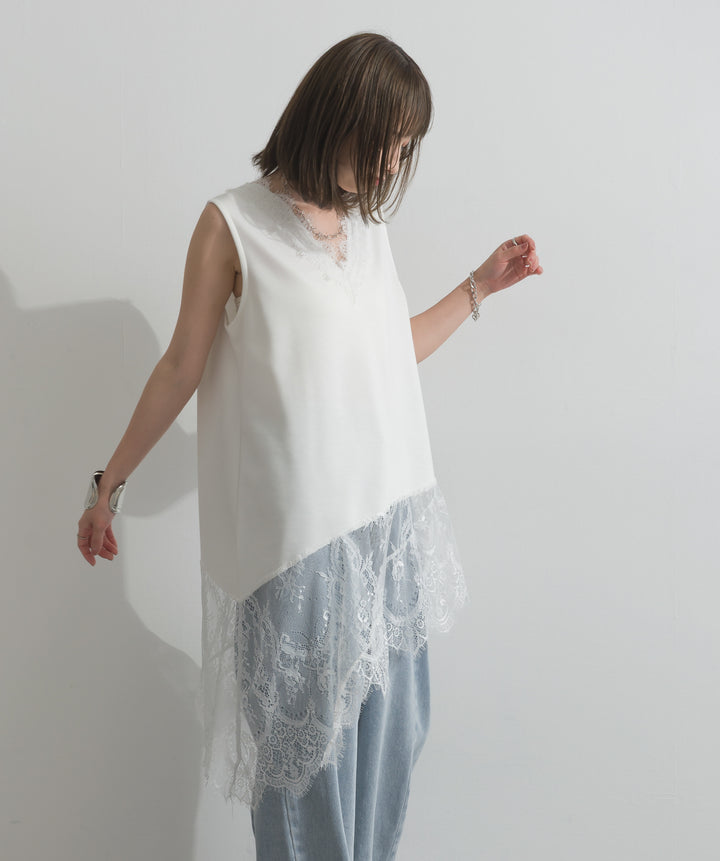 レースヘムレイヤードノースリーブトップス