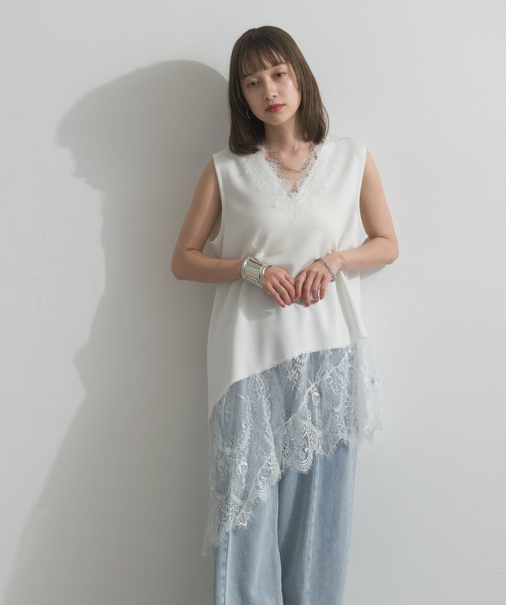 レースヘムレイヤードノースリーブトップス