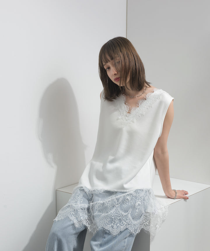 レースヘムレイヤードノースリーブトップス