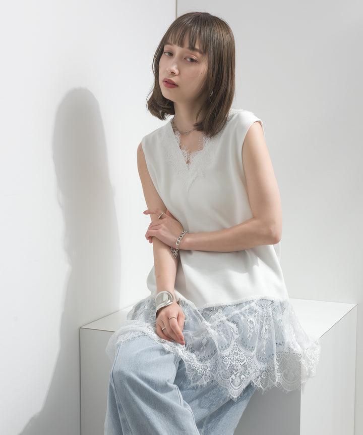 レースヘムレイヤードノースリーブトップス